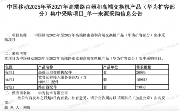 配资网 中国移动高端路由器和高端交换机扩容集采：华为、中兴分别中标